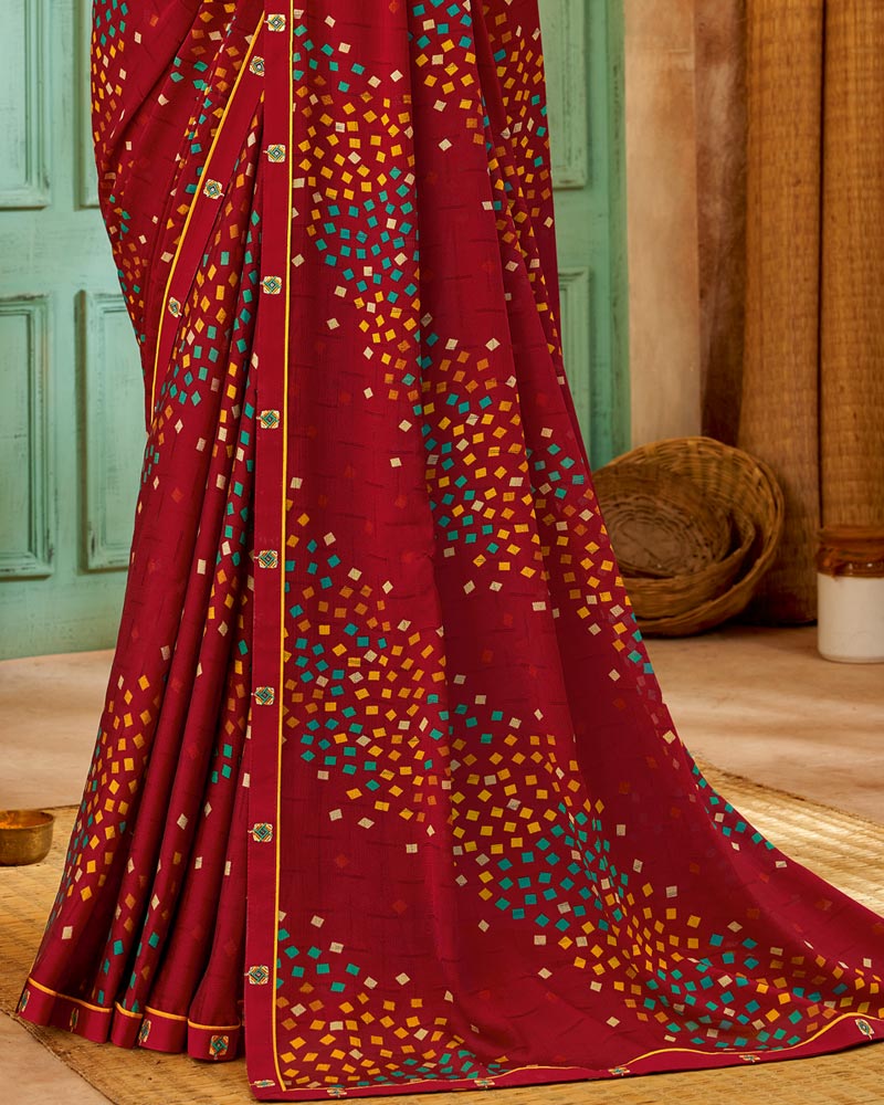 Vishal Prints Dark Red Printed Patterned Chiffon Saree With Fancy Border