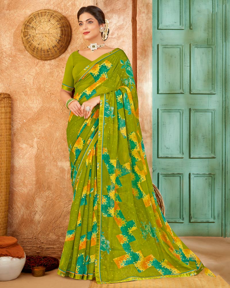 Vishal Prints Olive Green Printed Patterned Chiffon Saree With Fancy Border