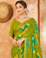 Vishal Prints Olive Green Printed Patterned Chiffon Saree With Fancy Border