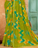 Vishal Prints Olive Green Printed Patterned Chiffon Saree With Fancy Border