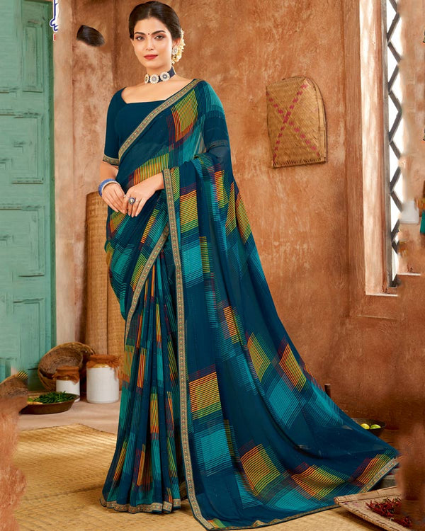 Vishal Prints Dark Teal Blue Printed Patterned Chiffon Saree With Fancy Border