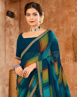 Vishal Prints Dark Teal Blue Printed Patterned Chiffon Saree With Fancy Border