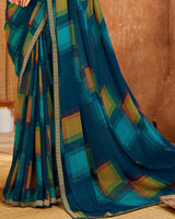 Vishal Prints Dark Teal Blue Printed Patterned Chiffon Saree With Fancy Border