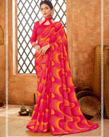 Vishal Prints Red Pink Printed Patterned Chiffon Saree With Fancy Border