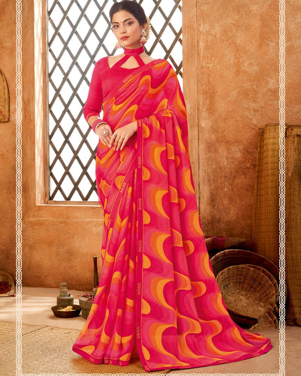 Vishal Prints Red Pink Printed Patterned Chiffon Saree With Fancy Border