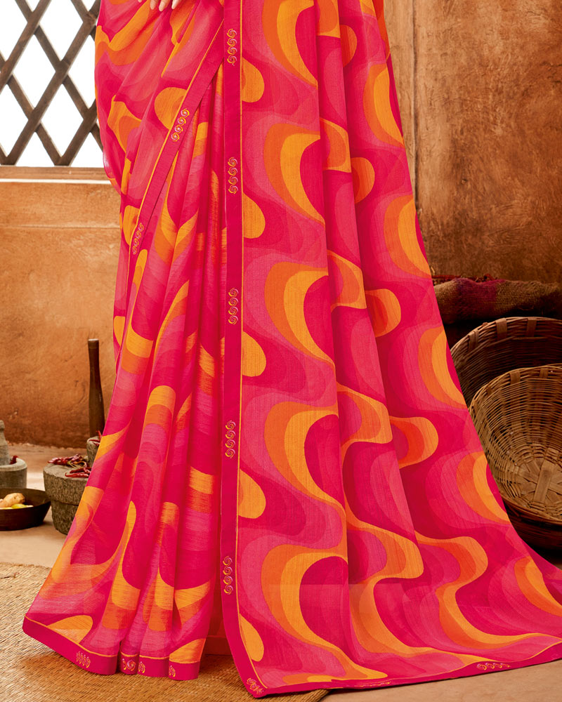 Vishal Prints Red Pink Printed Patterned Chiffon Saree With Fancy Border