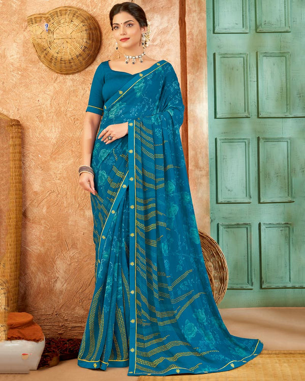 Vishal Prints Peacock Blue Printed Patterned Chiffon Saree With Fancy Border