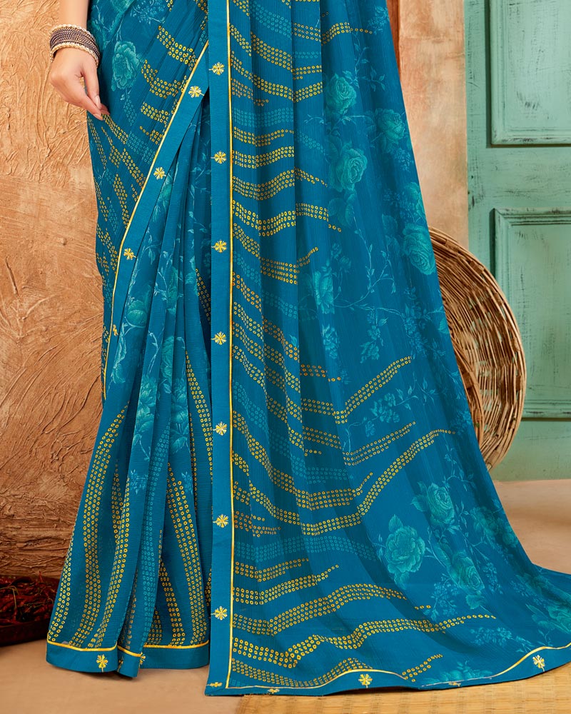 Vishal Prints Peacock Blue Printed Patterned Chiffon Saree With Fancy Border