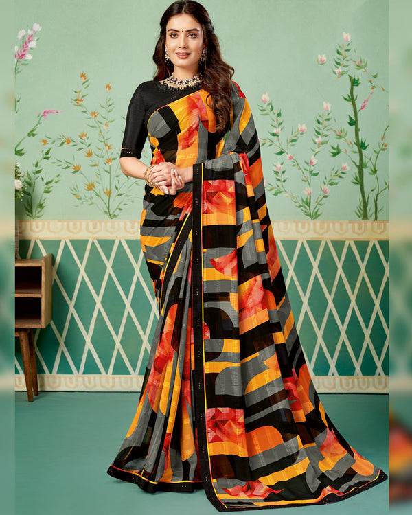 Vishal Prints Black Printed Georgette Saree With Border