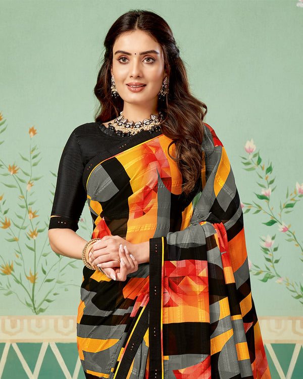 Vishal Prints Black Printed Georgette Saree With Border