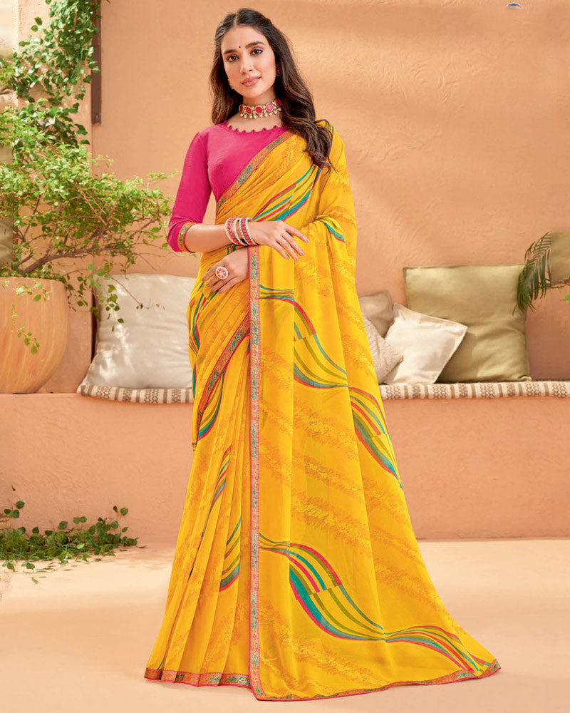 Vishal Prints Dark Yellow Printed Georgette Saree With Fancy Border