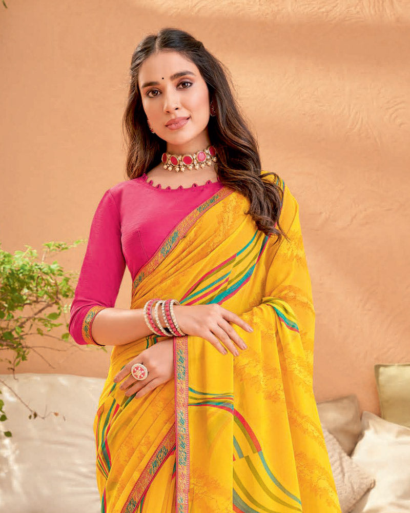 Vishal Prints Dark Yellow Printed Georgette Saree With Fancy Border