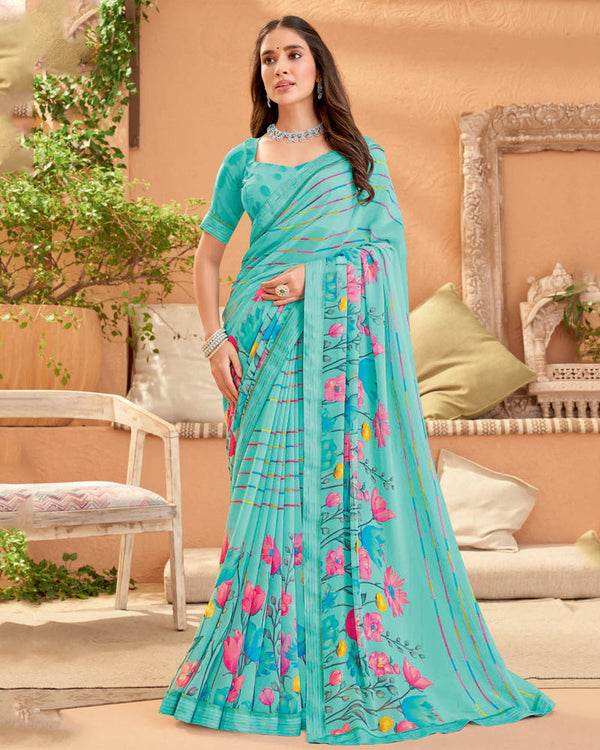 Vishal Prints Turquoise Blue Printed Georgette Saree With Fancy Border