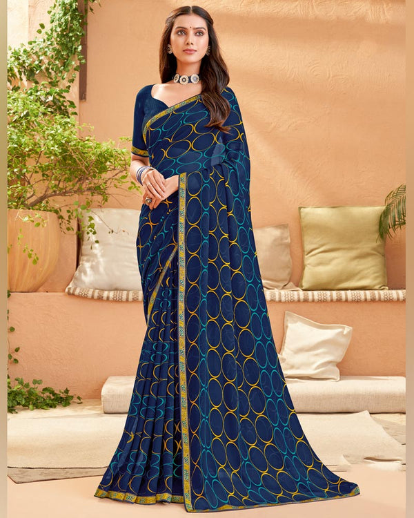 Vishal Prints Navy Blue Printed Georgette Saree With Fancy Border