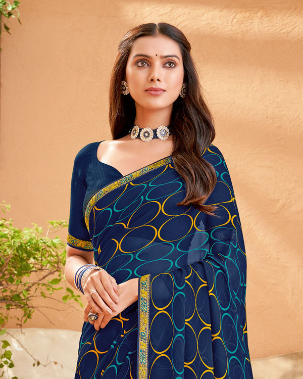 Vishal Prints Navy Blue Printed Georgette Saree With Fancy Border