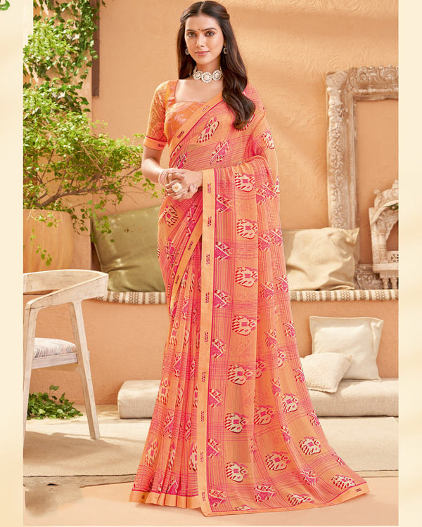 Vishal Prints Dark Coral Printed Georgette Saree With Fancy Border