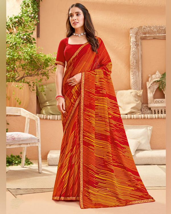 Vishal Prints Tomato Red Printed Georgette Saree With Fancy Border