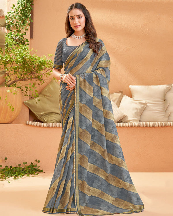 Vishal Prints Charcoal Grey Printed Georgette Saree With Fancy Border