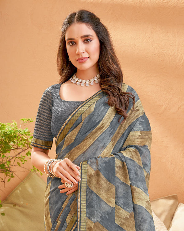 Vishal Prints Charcoal Grey Printed Georgette Saree With Fancy Border