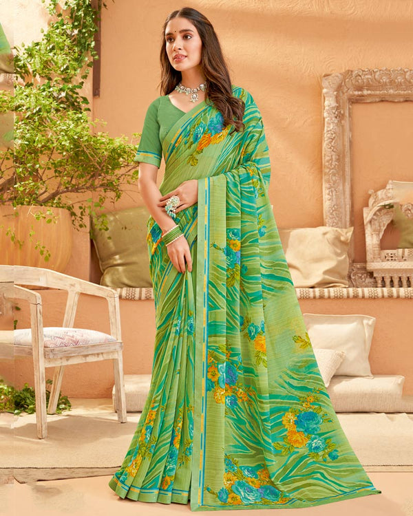 Vishal Prints Jade Green Printed Georgette Saree With Fancy Border