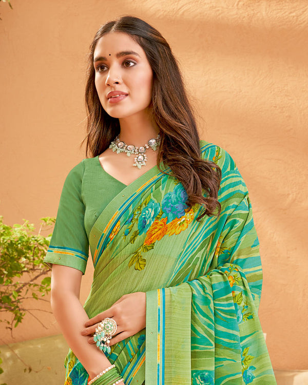 Vishal Prints Jade Green Printed Georgette Saree With Fancy Border