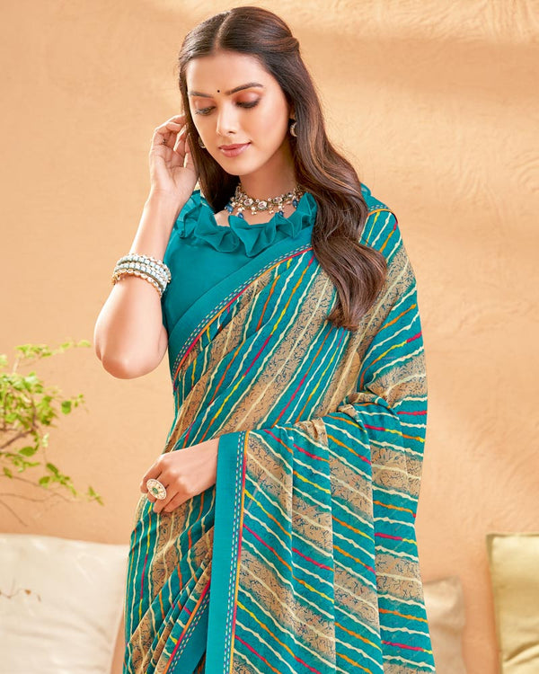 Vishal Prints Teal Green Printed Georgette Saree With Fancy Border