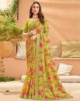 Vishal Prints Light Mehandi Green Printed Georgette Saree With Fancy Border