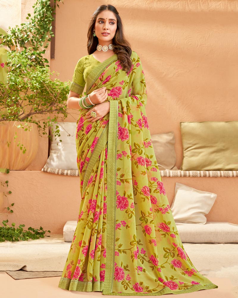 Vishal Prints Light Mehandi Green Printed Georgette Saree With Fancy Border