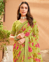 Vishal Prints Light Mehandi Green Printed Georgette Saree With Fancy Border