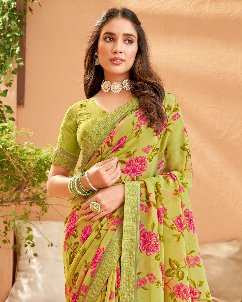 Vishal Prints Light Mehandi Green Printed Georgette Saree With Fancy Border