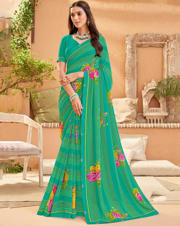 Vishal Prints Dark Mint Green Printed Georgette Saree With Fancy Border