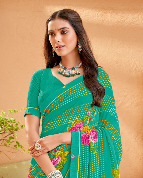 Vishal Prints Dark Mint Green Printed Georgette Saree With Fancy Border