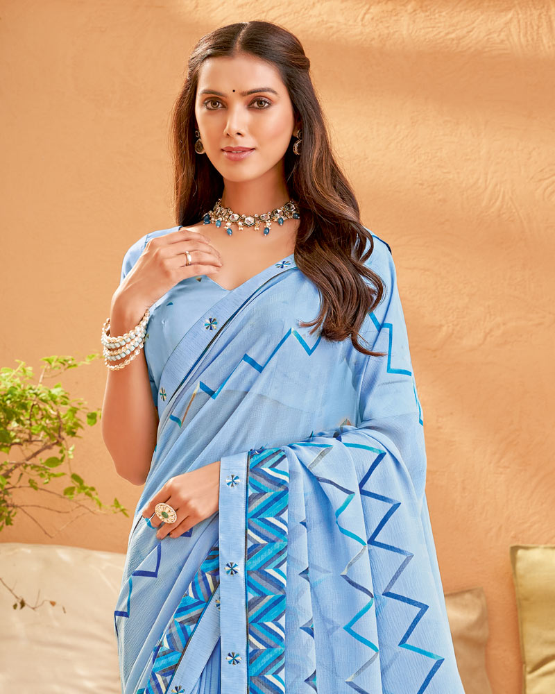 Vishal Prints Pastel Blue Printed Georgette Saree With Fancy Border