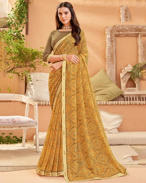 Vishal Prints Sand Brown Printed Georgette Saree With Fancy Border