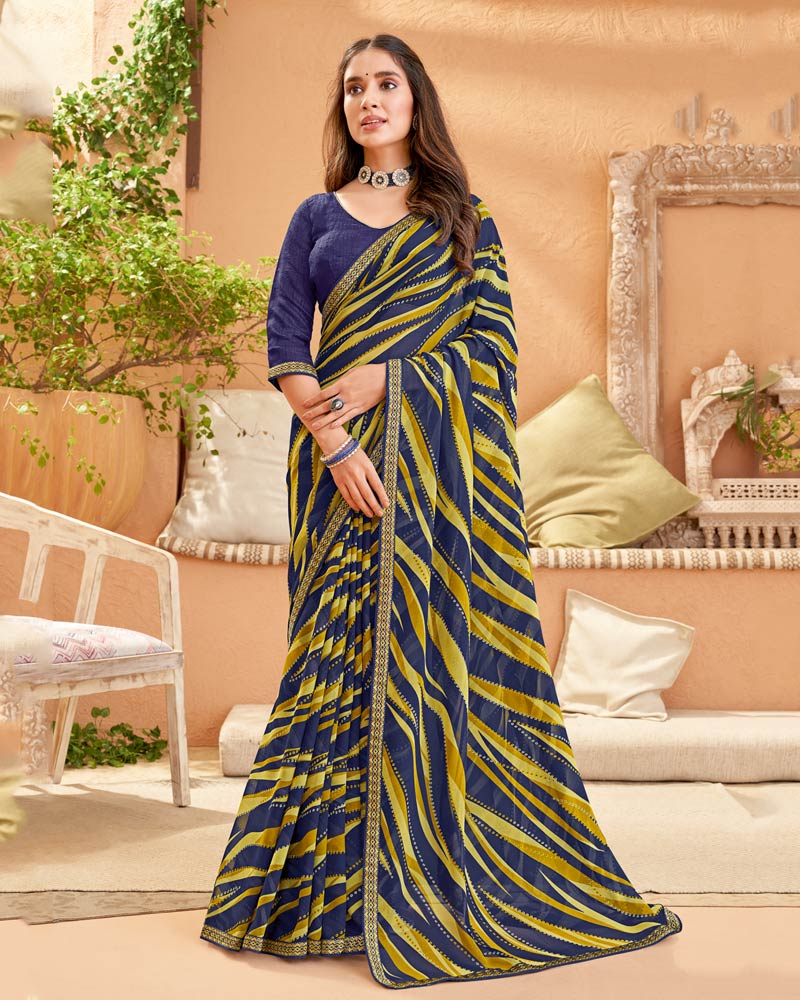 Vishal Prints Dark Navy Blue Printed Georgette Saree With Fancy Border