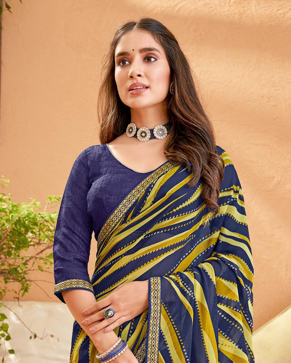 Vishal Prints Dark Navy Blue Printed Georgette Saree With Fancy Border