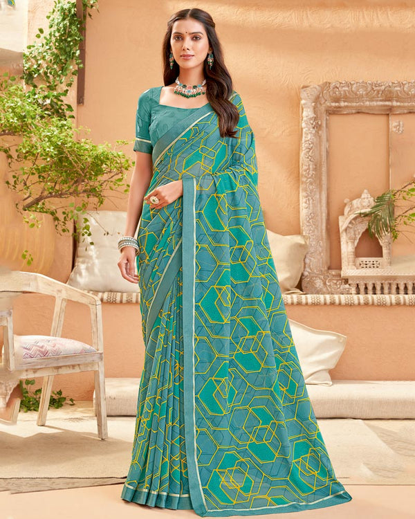 Vishal Prints Teal Green Printed Georgette Saree With Fancy Border