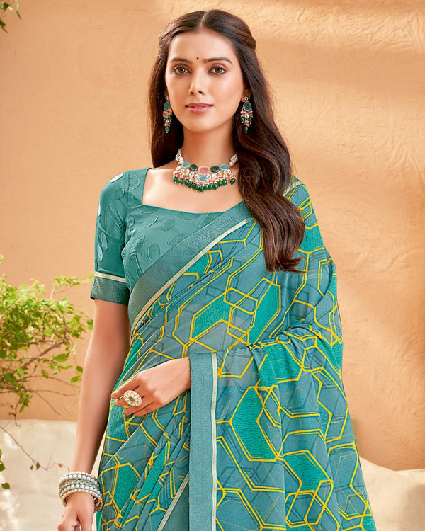 Vishal Prints Teal Green Printed Georgette Saree With Fancy Border