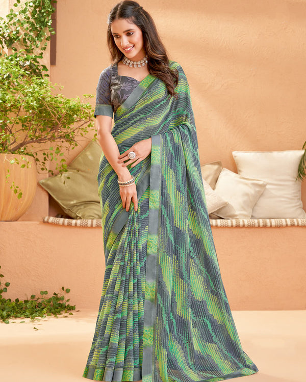 Vishal Prints Charcoal Grey Printed Georgette Saree With Fancy Border