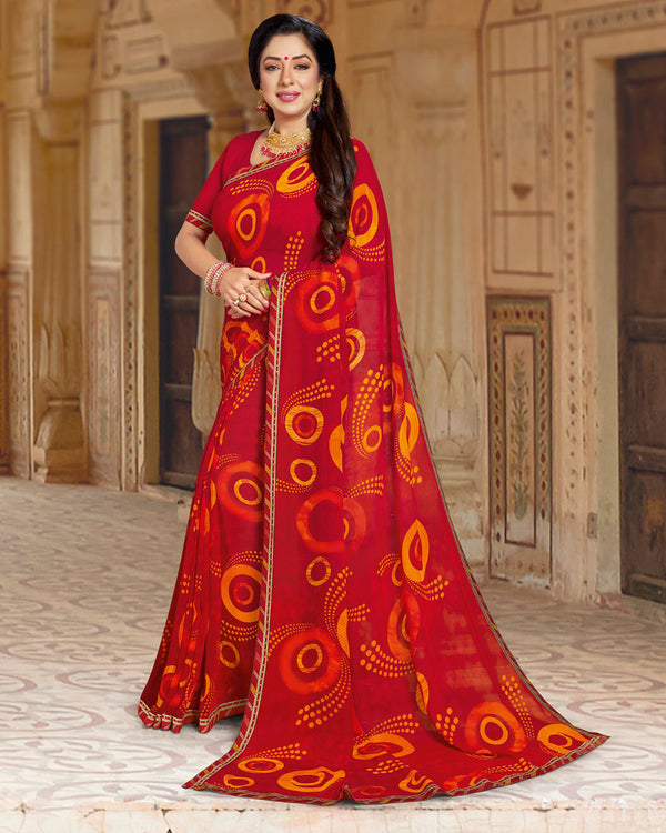 Vishal Prints Cherry Red Printed Georgette Saree With Border