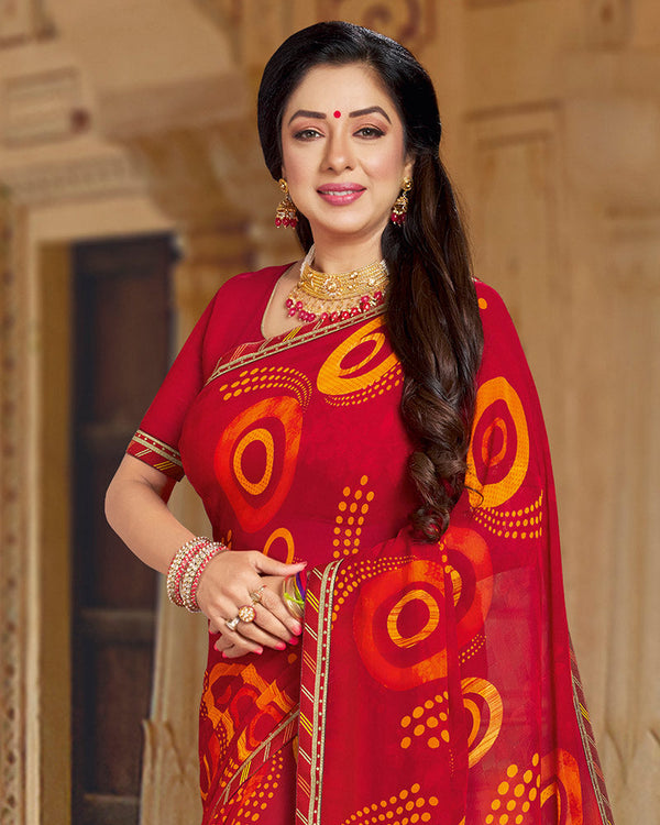 Vishal Prints Cherry Red Printed Georgette Saree With Border