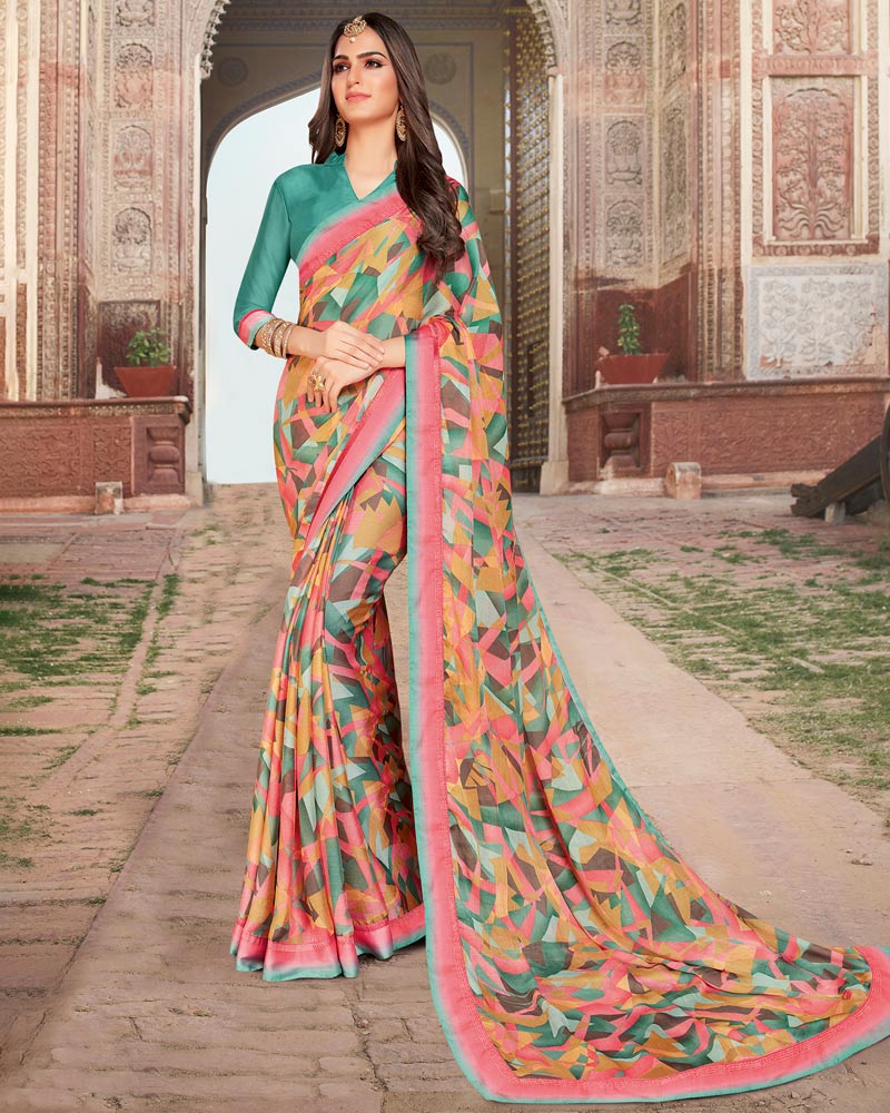 Vishal Prints Pastel Pink Printed Chiffon Saree With Border