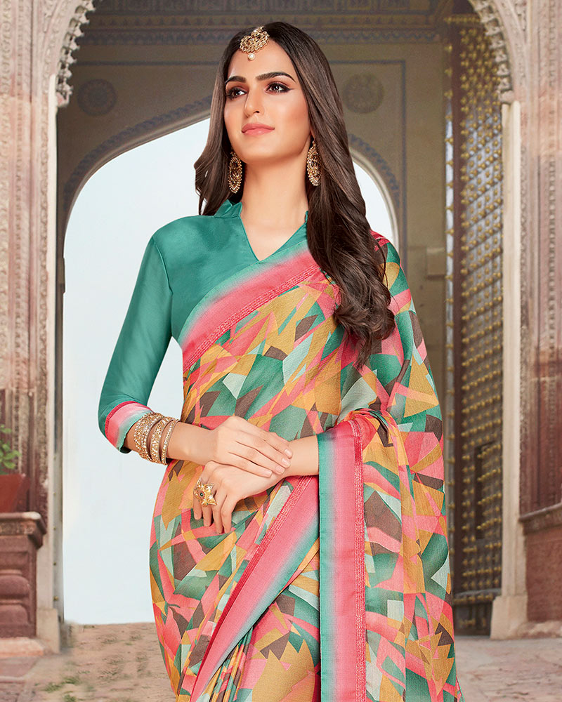 Vishal Prints Pastel Pink Printed Chiffon Saree With Border