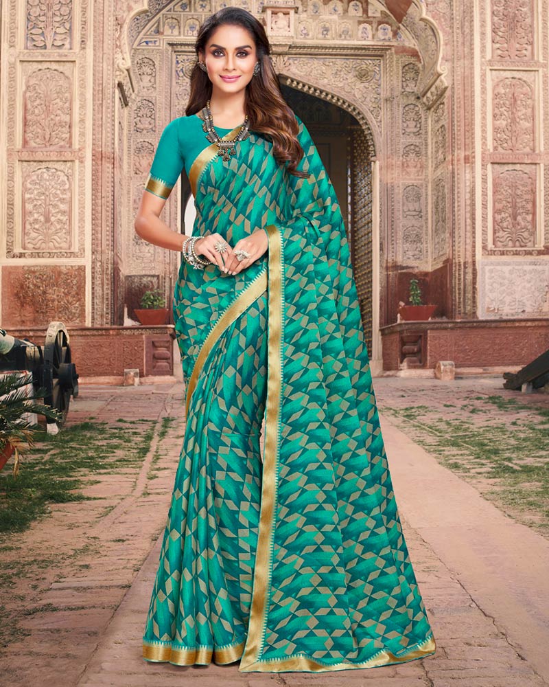 Vishal Prints Teal Green Printed Chiffon Saree With Border