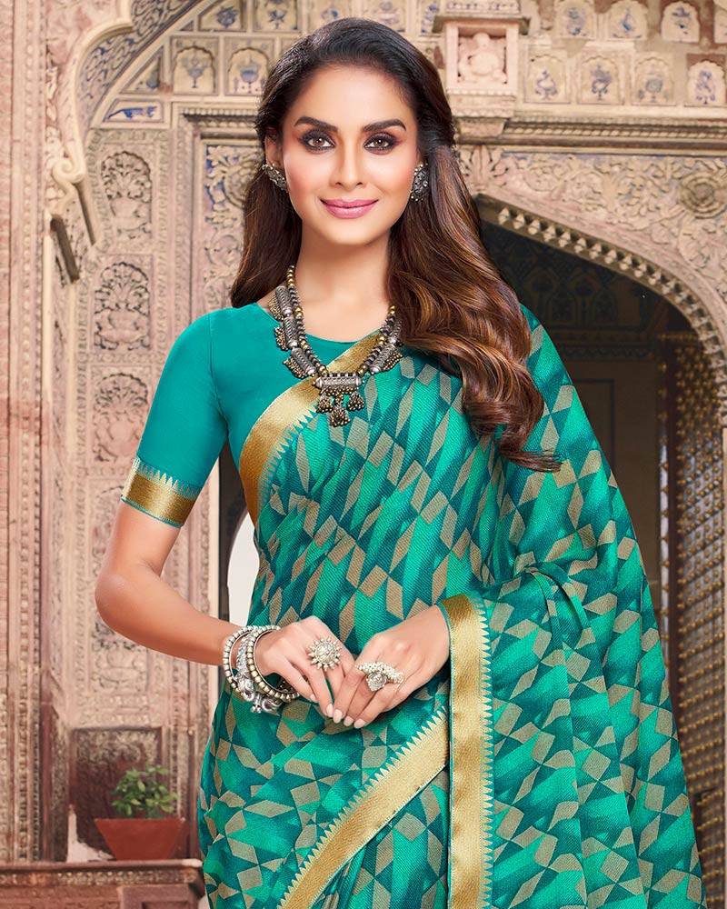 Vishal Prints Teal Green Printed Chiffon Saree With Border