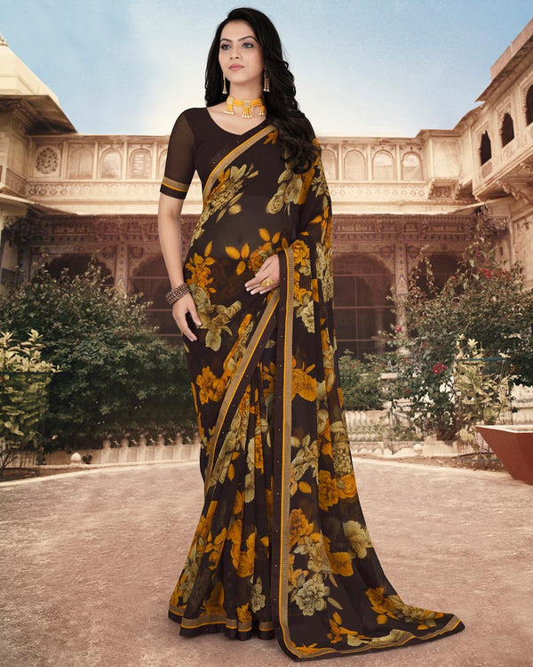 Vishal Prints Brown Printed Georgette Saree With Border