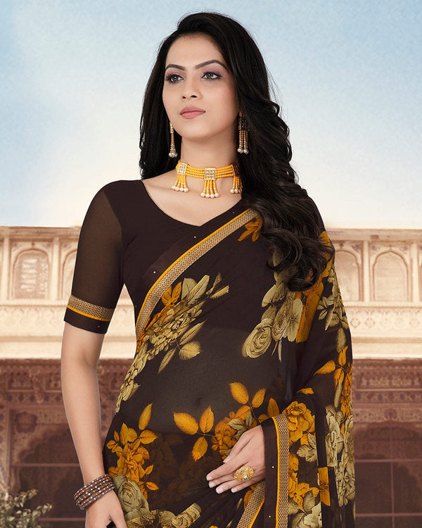 Vishal Prints Brown Printed Georgette Saree With Border