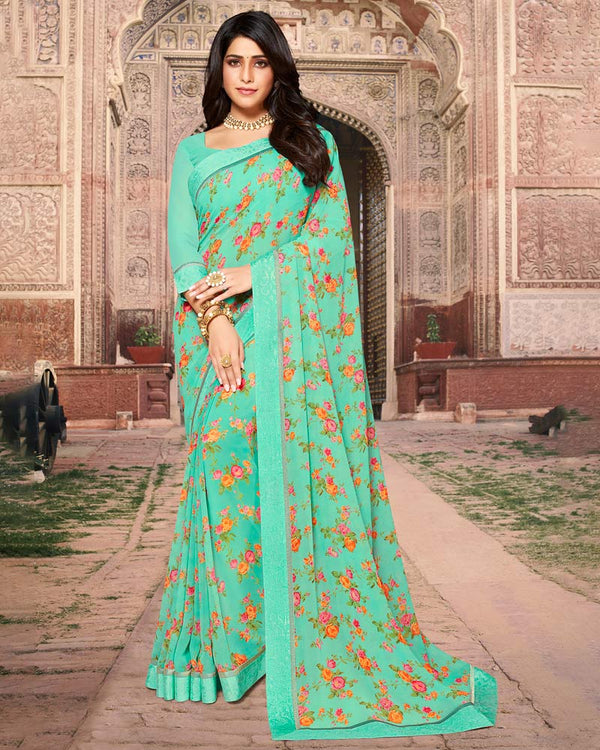 Vishal Prints Turquoise Blue Printed Georgette Saree With Border