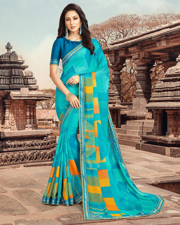 Vishal Prints Turquoise Blue Printed Chiffon Saree With Border