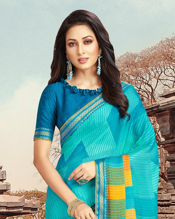 Vishal Prints Turquoise Blue Printed Chiffon Saree With Border